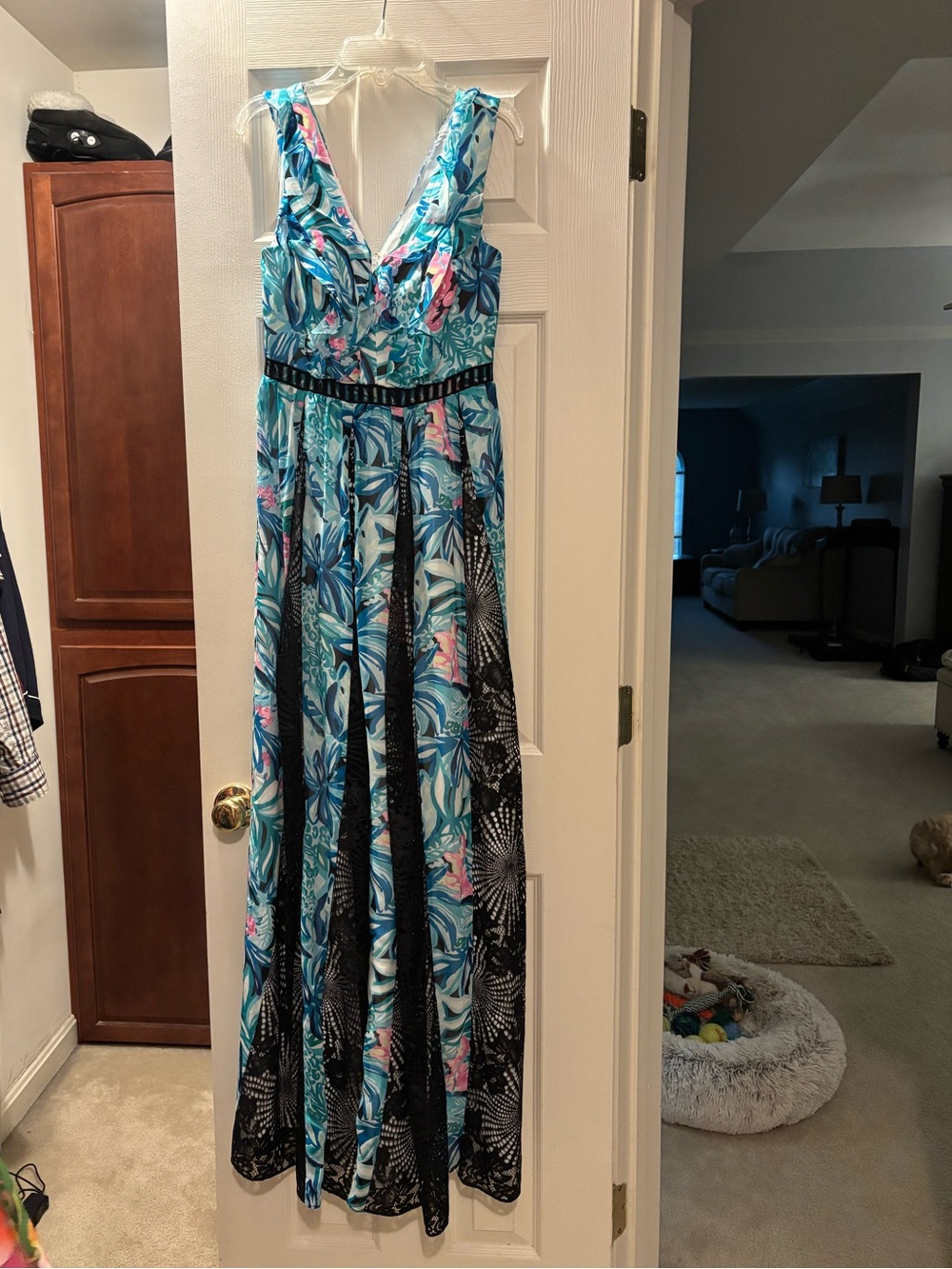 Lilly Pulitzer Blue Floral V-Neck Maxi Dress with Black Waistband
